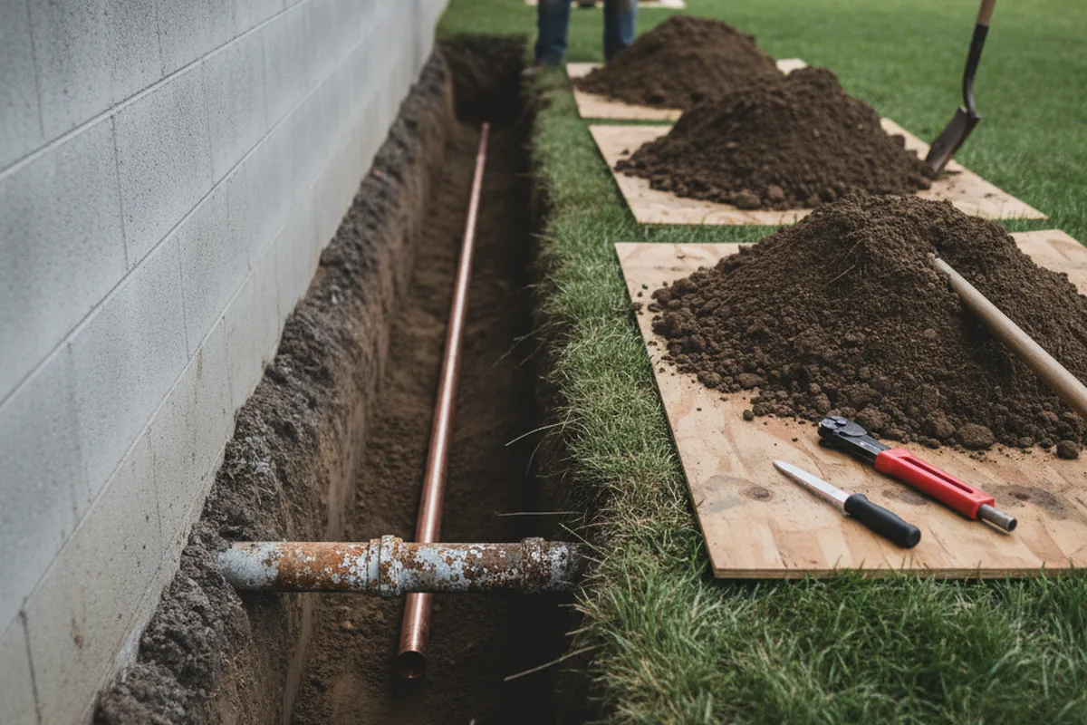 Excavated water line trench during Sewer Line Repair in Pima